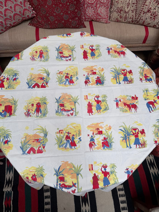 1950s Mexican Village Tablecloth – Vintage Novelty Scene Print