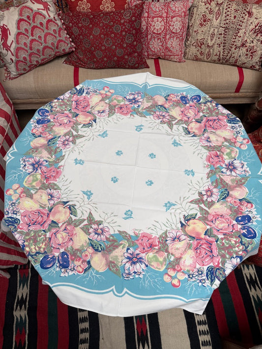 1950s Pastel Fruit & Floral Tablecloth – Vintage Painterly Print