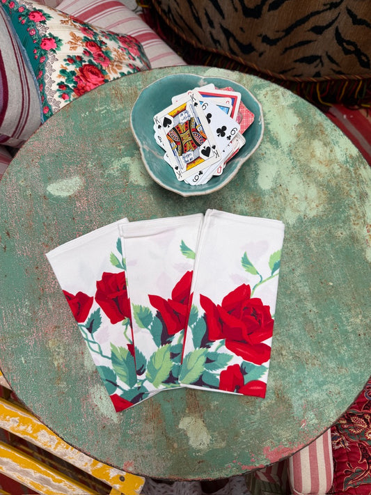 Handmade Red Rose Bouquet Napkins –– Vintage Textile from Mid-Century Tablecloths, Set of 3