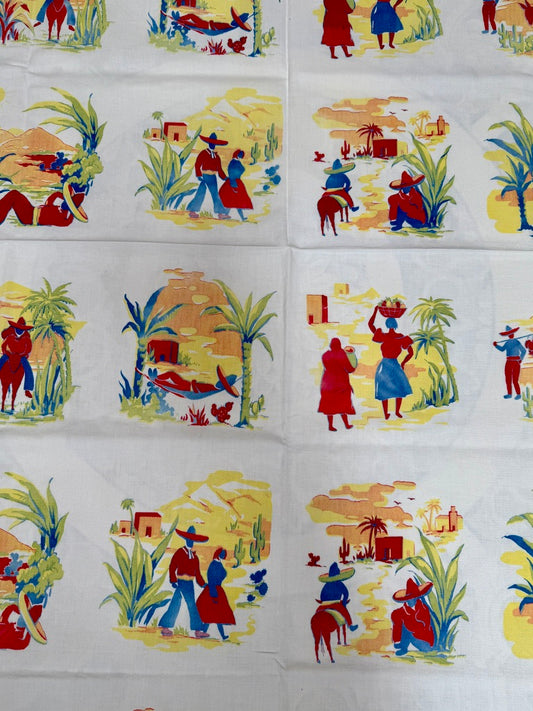 1950s Mexican Village Tablecloth – Vintage Novelty Scene Print