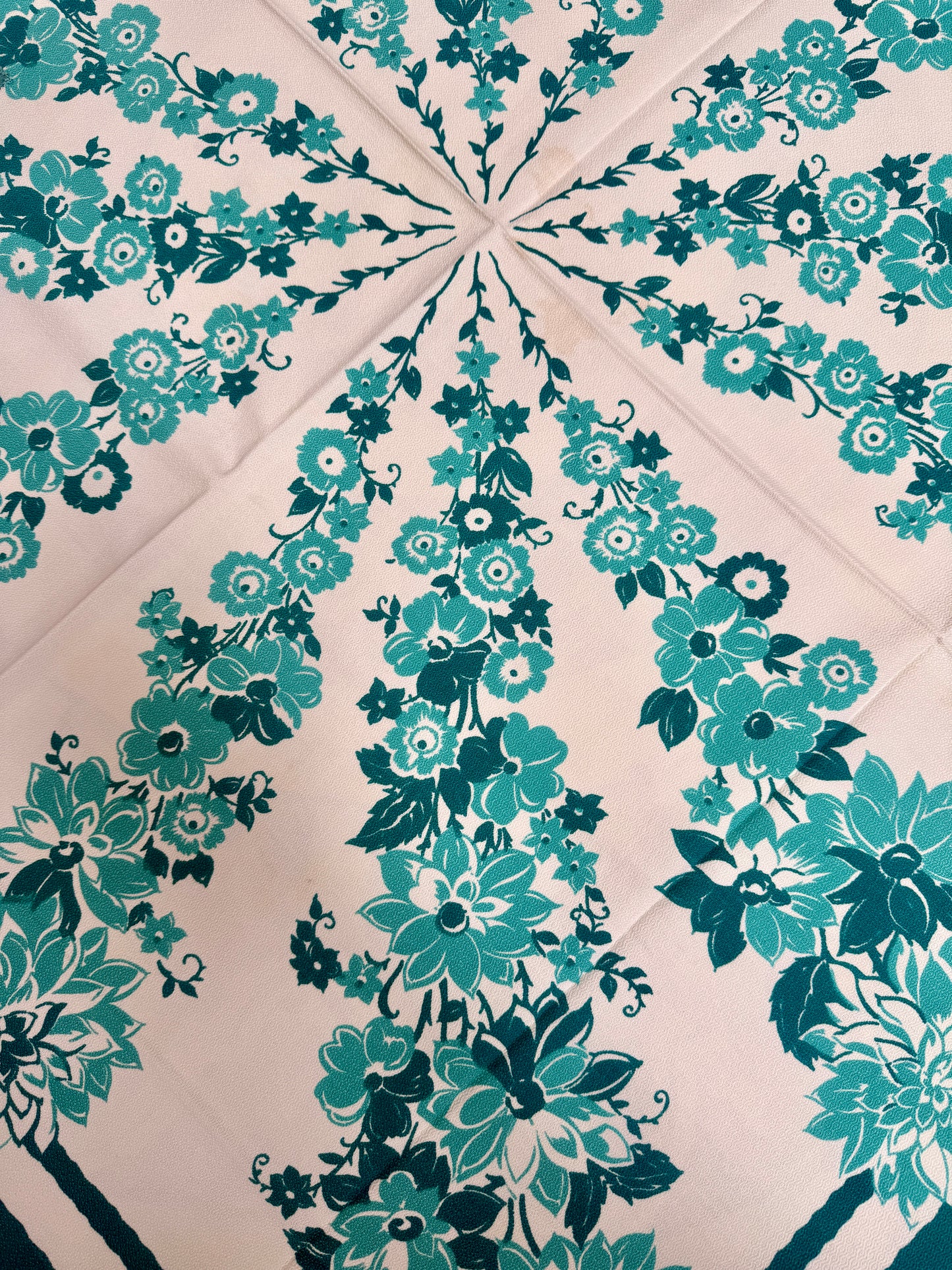 1950s Teal Radial Floral Tablecloth – Vintage Mid-Century Cotton