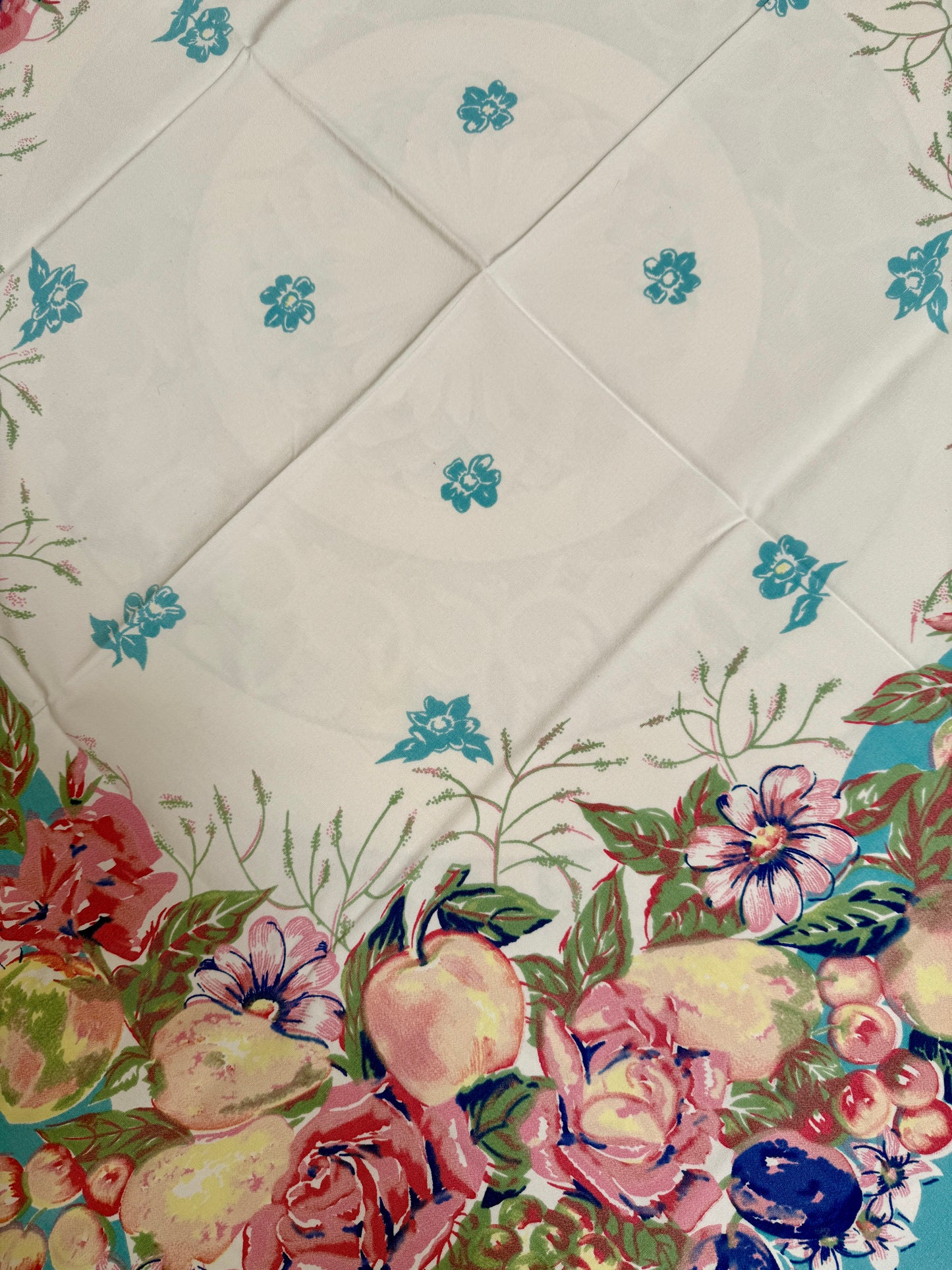 1950s Pastel Fruit & Floral Tablecloth – Vintage Painterly Print