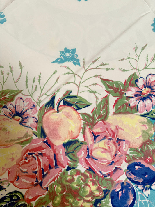 1950s Pastel Fruit & Floral Tablecloth – Vintage Painterly Print