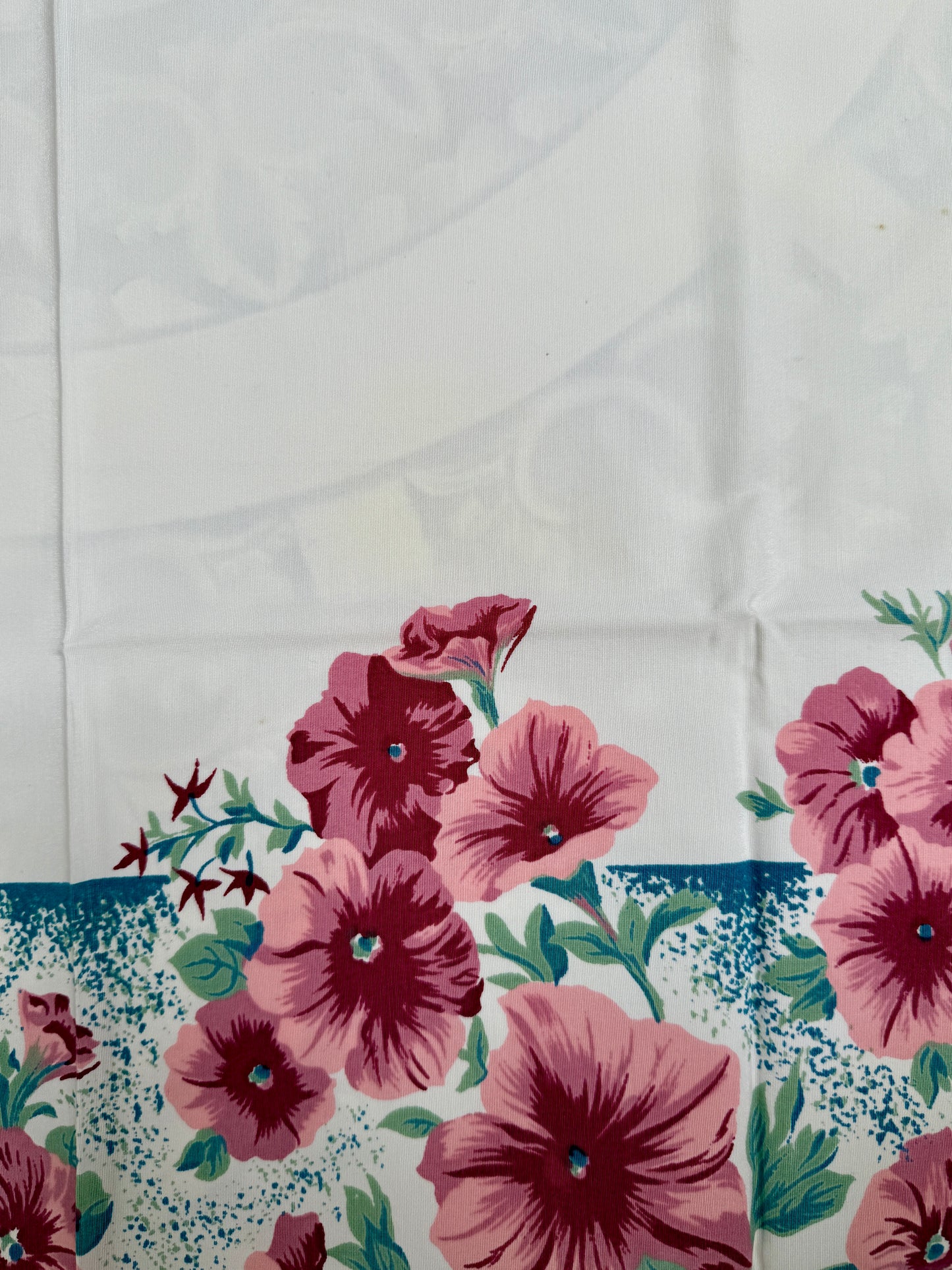 1950s Burgundy Hollyhock Tablecloth – Vintage Floral Cotton