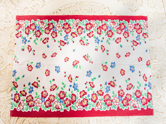 Handmade Red & Blue Blossom Tea Towel –– Vintage Textile from Mid-Century Tablecloth, Set of 3