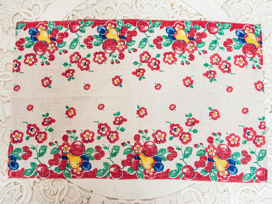 Handmade Apple & Grape Floral Tea Towel –– Vintage Textile from Mid-Century Tablecloth