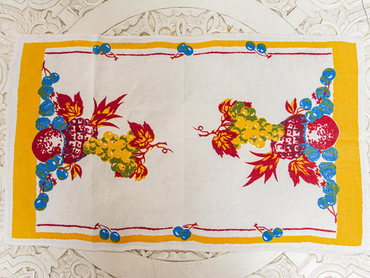 Handmade Cornucopia Fruit Tea Towel –– Vintage Textile from Mid-Century Tablecloth