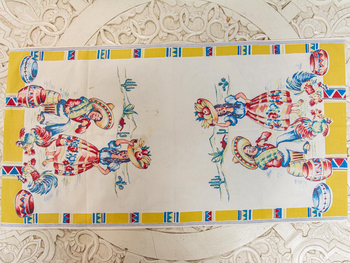 Handmade Mexican Fiesta Tea Towel –– Vintage Textile from Mid-Century Tablecloth
