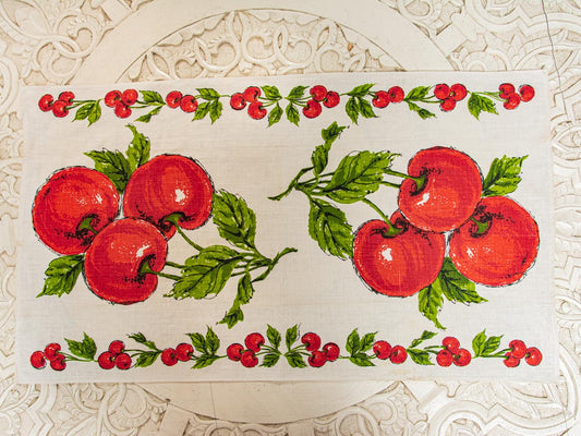 Handmade Tomato & Cherry Vine Tea Towel –– Vintage Textile from Mid-Century Tablecloth