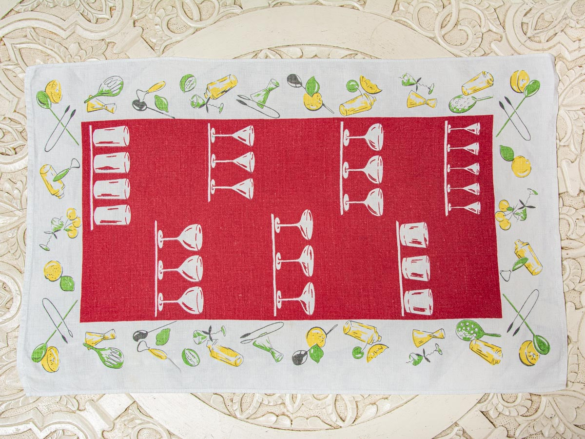 Handmade Cocktail Glass Tea Towel –– Vintage Textile from Mid-Century Tablecloth
