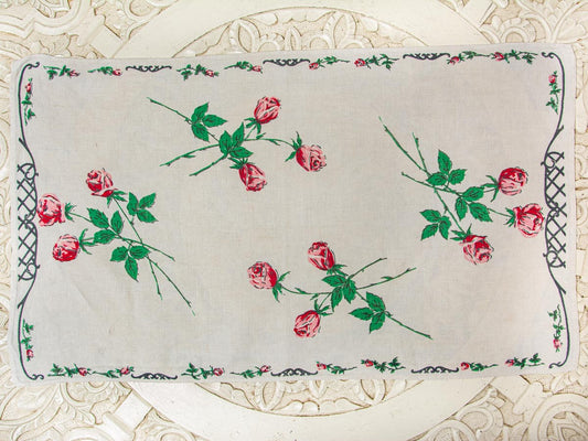 Handmade Pink Rosebud Tea Towel –– Vintage Textile from Mid-Century Tablecloth