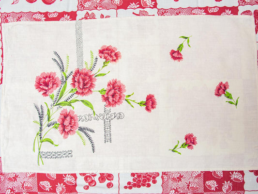 Handmade Carnation Bouquet Tea Towel –– Vintage Textile from Mid-Century Tablecloth