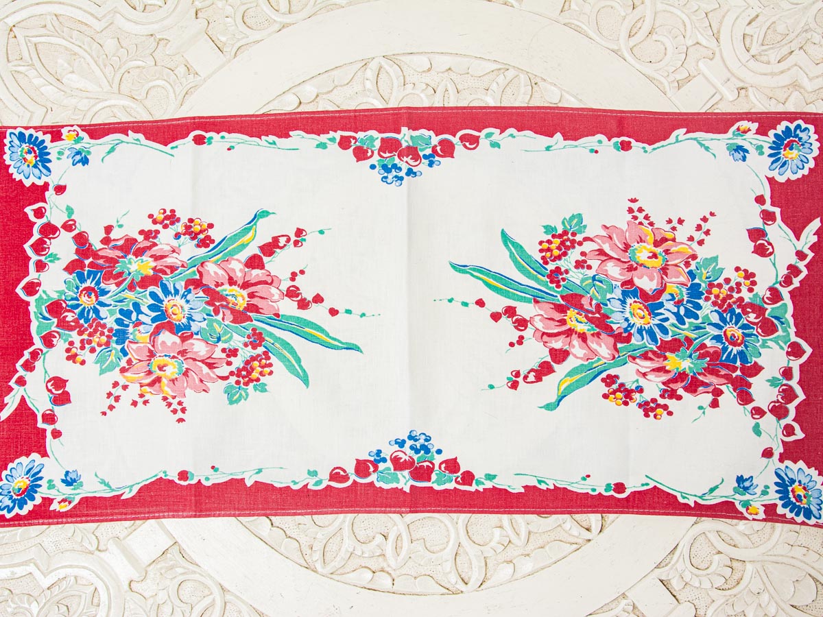 Handmade Red Border Floral Tea Towel –– Vintage Textile from Mid-Century Tablecloth