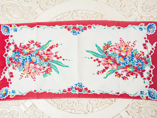 Handmade Red Border Floral Tea Towel –– Vintage Textile from Mid-Century Tablecloth