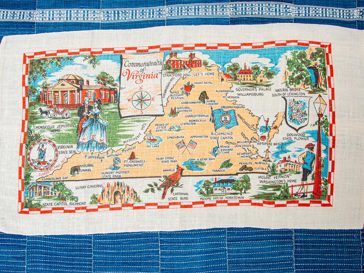 Handmade Virginia Map Tea Towel –– Vintage Souvenir Textile