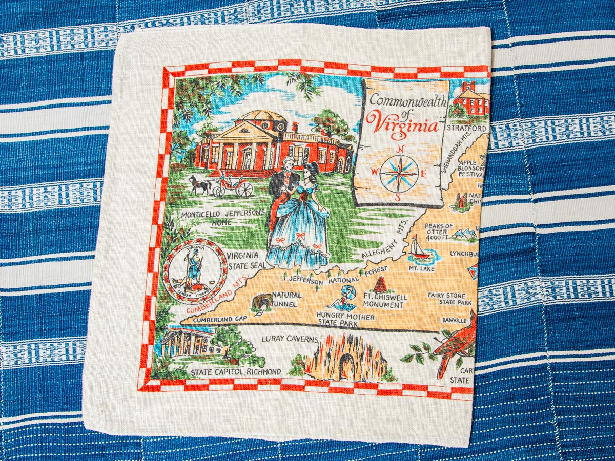 Handmade Virginia Map Tea Towel –– Vintage Souvenir Textile