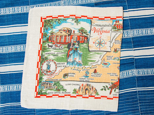 Handmade Virginia Map Tea Towel –– Vintage Souvenir Textile