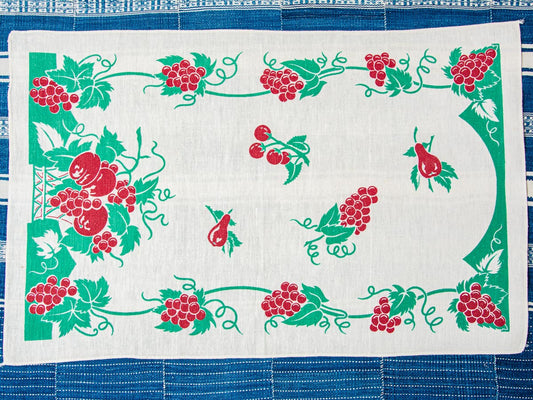 Handmade Red Grape & Pear Tea Towel –– Vintage Textile from Mid-Century Tablecloth