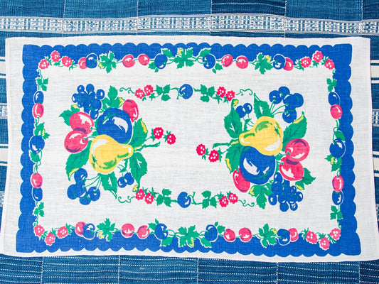 Handmade Blue Border Fruit Tea Towel –– Vintage Textile from Mid-Century Tablecloth