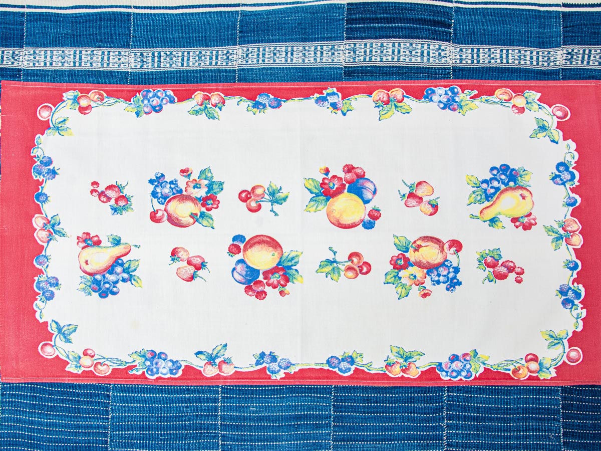 Handmade Red Border Fruit Tea Towel –– Vintage Textile from Mid-Century Tablecloth