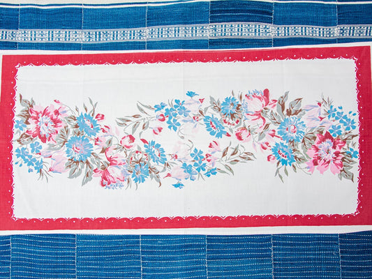 Handmade Pink & Blue Floral Tea Towel –– Vintage Textile from Mid-Century Tablecloth