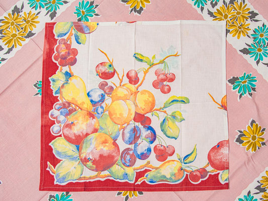 Handmade Watercolor Fruit Napkins –– Vintage Textile from Mid-Century Tablecloths, Set of 6