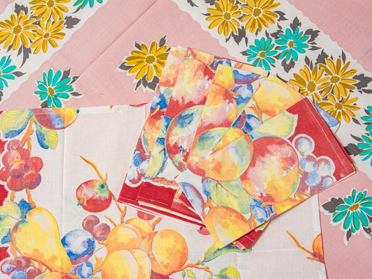 Handmade Watercolor Fruit Napkins –– Vintage Textile from Mid-Century Tablecloths, Set of 6