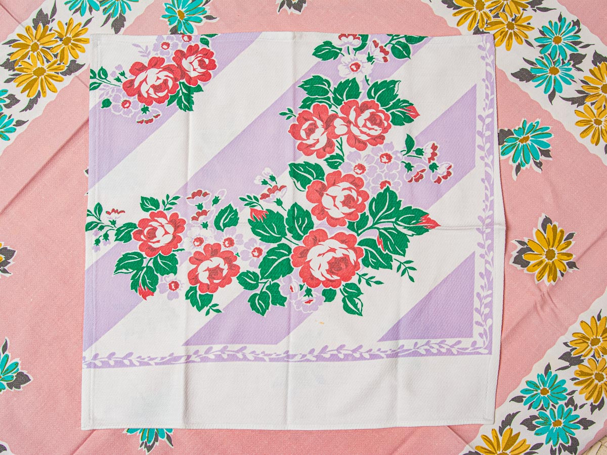 Handmade Rose Stripe Napkins –– Vintage Textile from Mid-Century Tablecloths, Set of 2