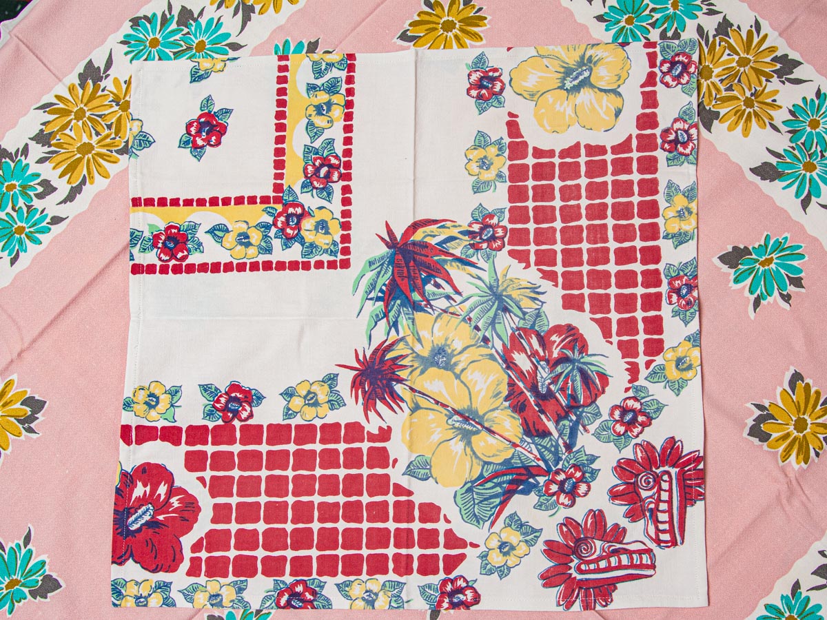 Handmade Hibiscus & Grid Napkins –– Vintage Textile from Mid-Century Tablecloths, Set of 2