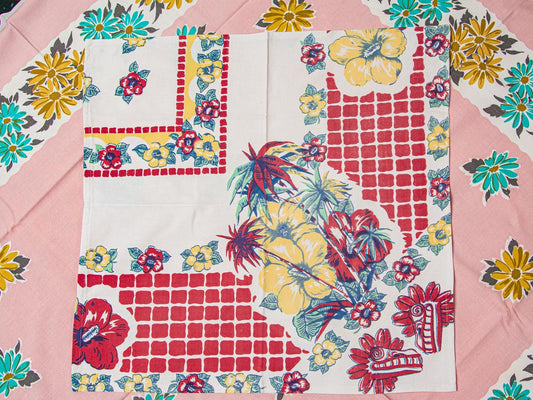 Handmade Hibiscus & Grid Napkins –– Vintage Textile from Mid-Century Tablecloths, Set of 2