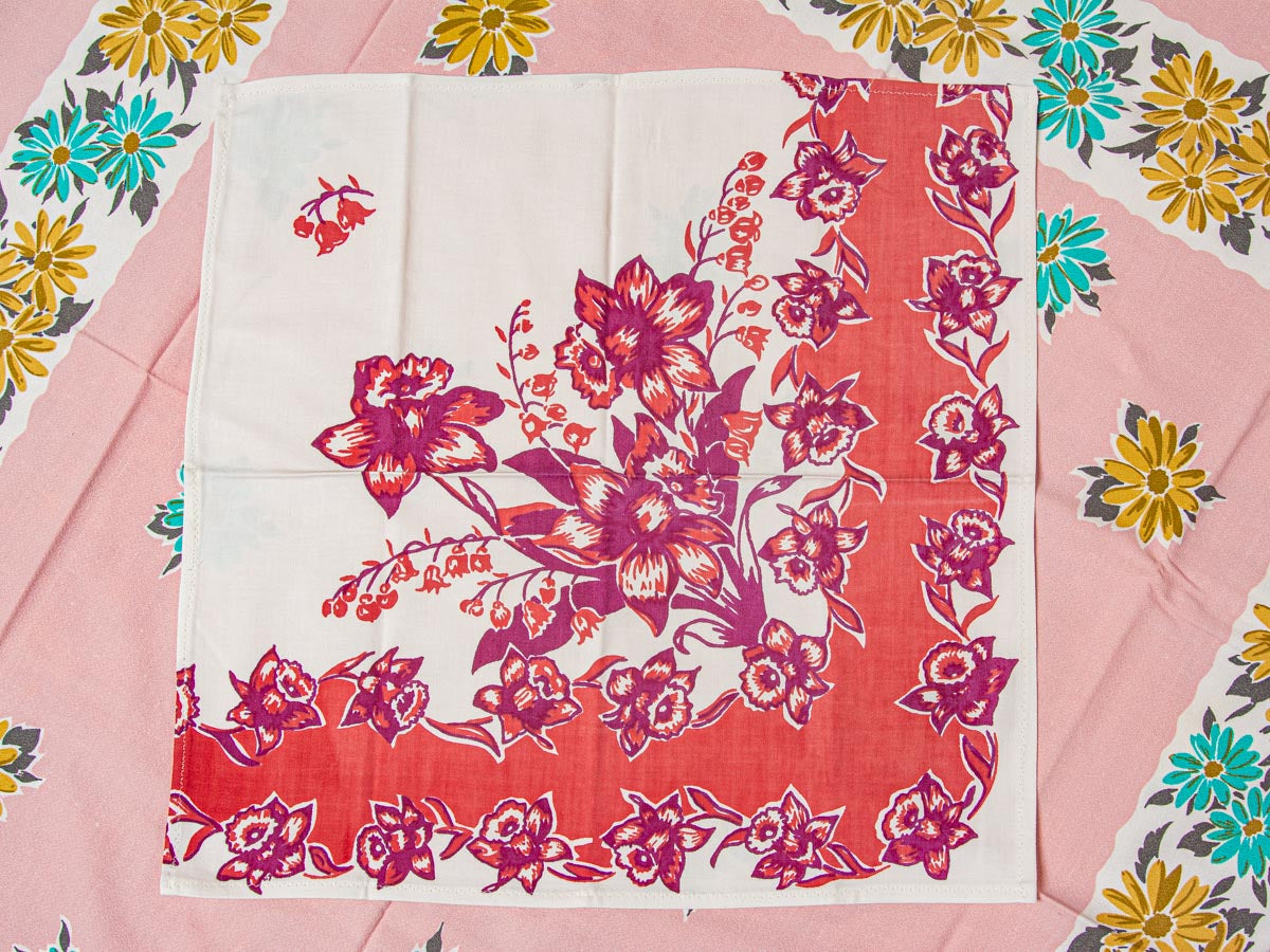 Handmade Red & Purple Floral Napkins –– Vintage Textile from Mid-Century Tablecloths, Set of 3