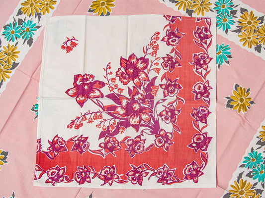 Handmade Red & Purple Floral Napkins –– Vintage Textile from Mid-Century Tablecloths, Set of 3