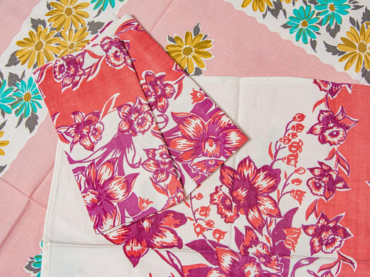 Handmade Red & Purple Floral Napkins –– Vintage Textile from Mid-Century Tablecloths, Set of 3