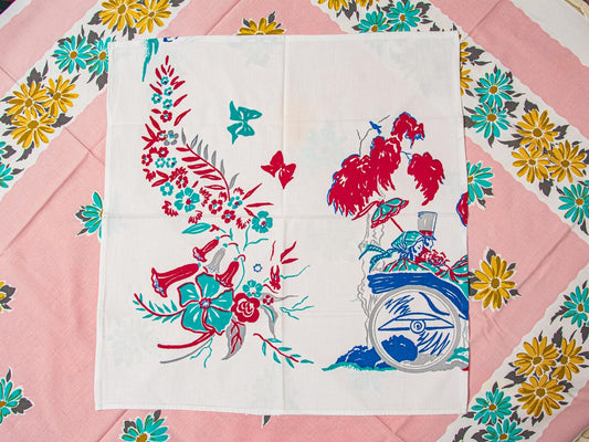 Handmade Butterfly & Garden Scene Napkins –– Vintage Textile from Mid-Century Tablecloths, Set of 2