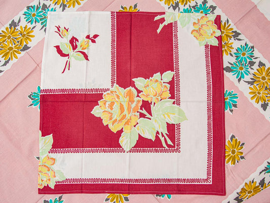 1950s Yellow Rose Napkins – Vintage Floral Print – Set of 2