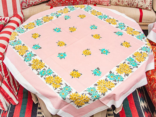 Vintage Pink Daisy Border Tablecloth