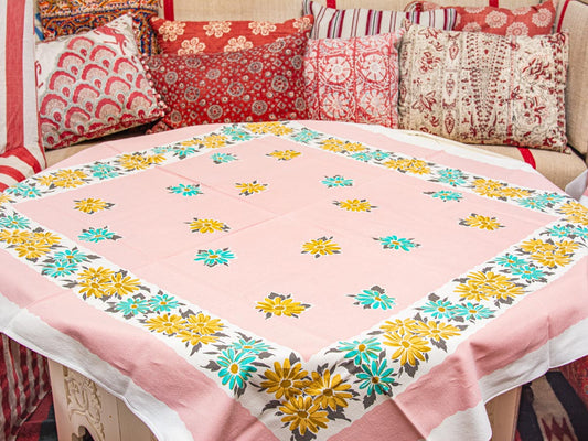 Vintage Pink Daisy Border Tablecloth