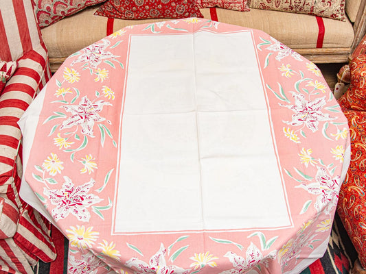 Vintage Pink Lily & Daisy Tablecloth – Mid-Century Floral Print