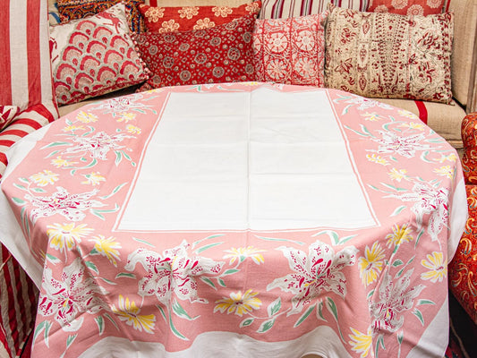 Vintage Pink Lily & Daisy Tablecloth – Mid-Century Floral Print