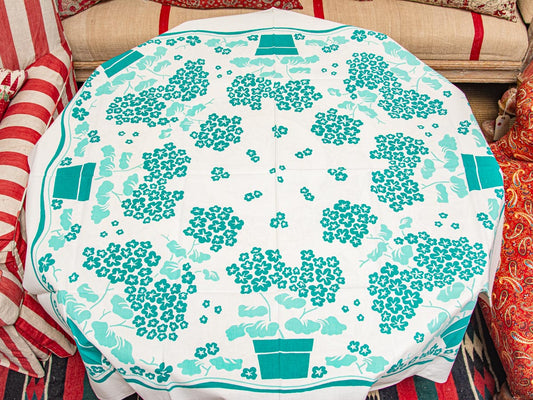 Vintage Floral Aqua Geranium 1950s Tablecloth