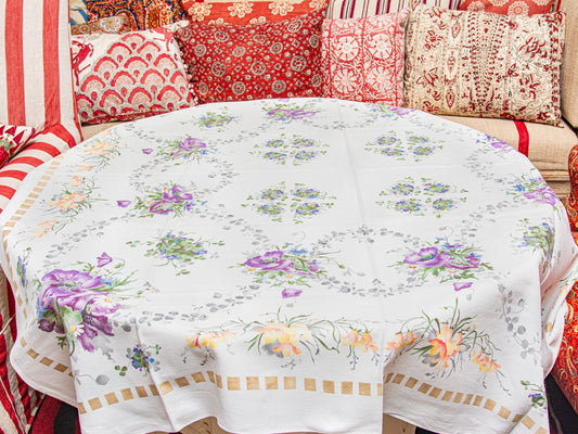 Vintage Floral Lilac & Peach 1950s Tablecloth