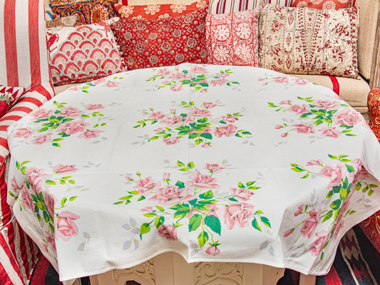 Vintage Floral Pink Rose 1950s Tablecloth