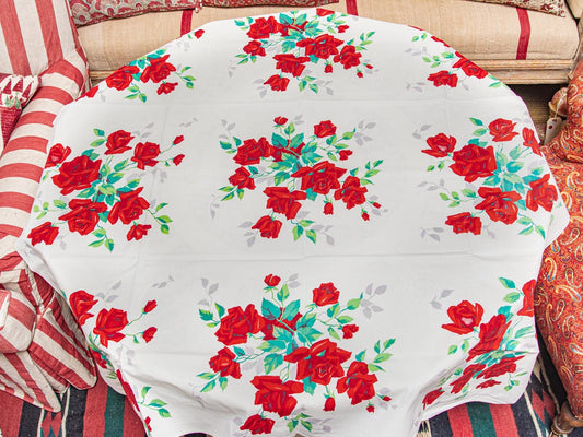 Vintage Floral Red Rose 1950s Tablecloth