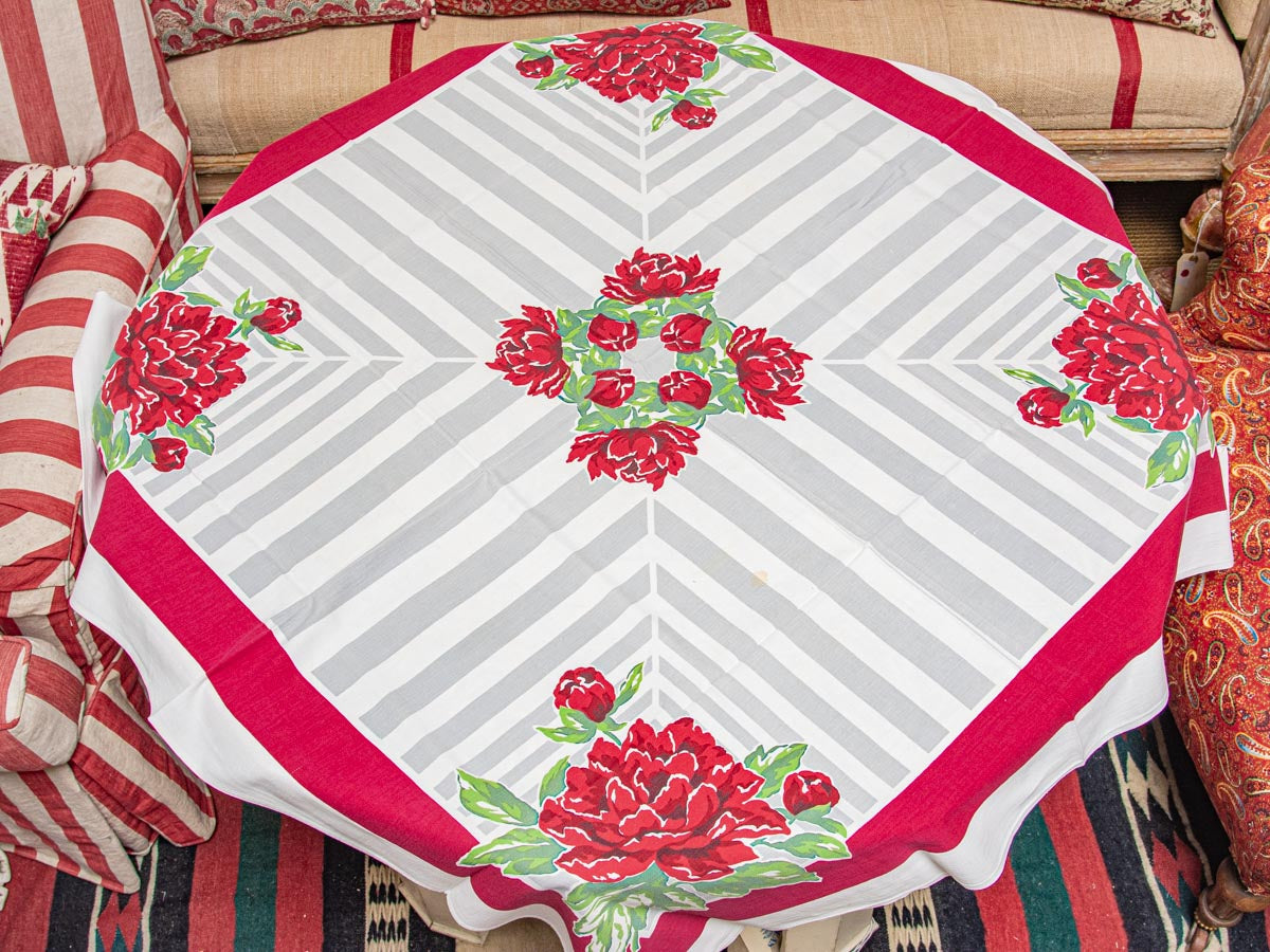 Vintage Floral Red Rose & Striped 1950s Tablecloth