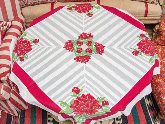 Vintage Floral Red Rose & Striped 1950s Tablecloth