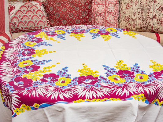 Vintage Floral Fuchsia & Yellow 1950s Tablecloth