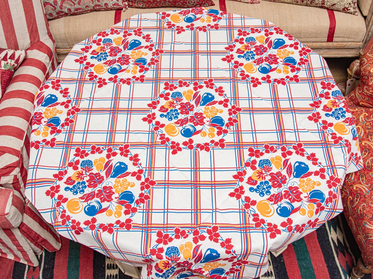 Vintage Floral Red, Blue, & Yellow Fruit 1950s Tablecloth