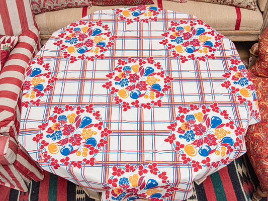 Vintage Floral Red, Blue, & Yellow Fruit 1950s Tablecloth