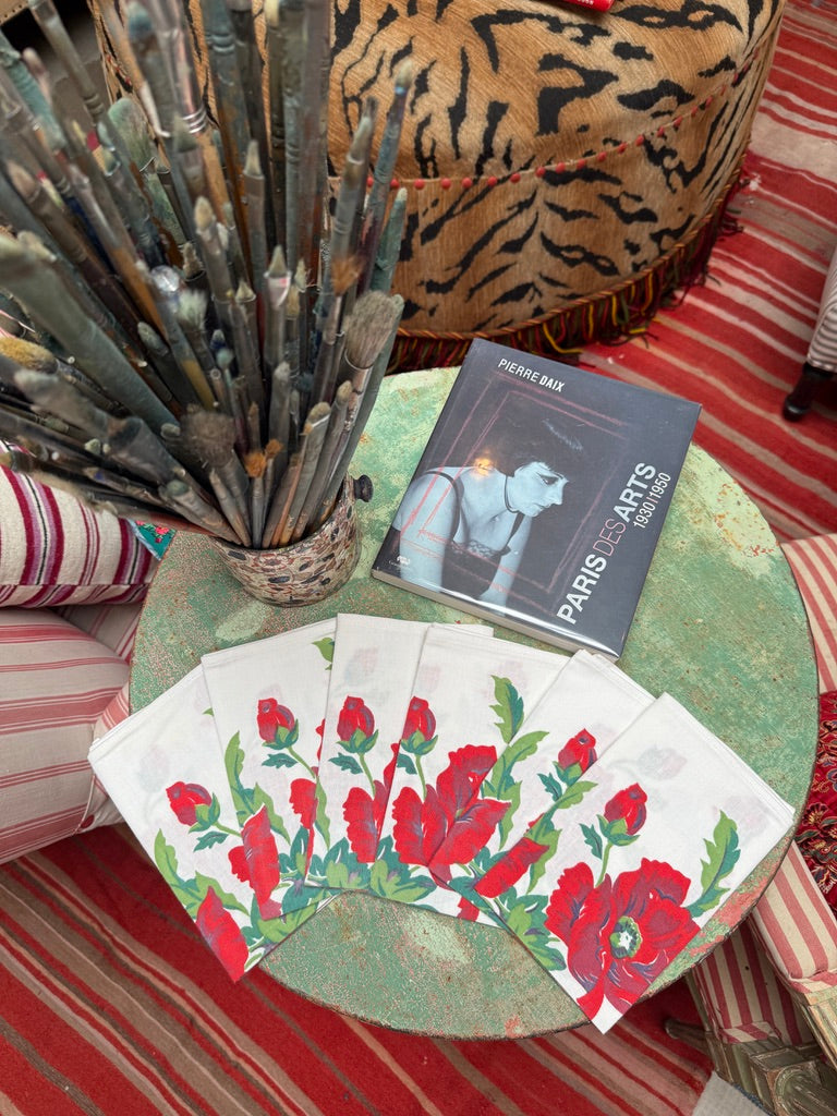 Handmade Red Poppy Napkins –– Vintage Textile from Mid-Century Tablecloths, Set of 6