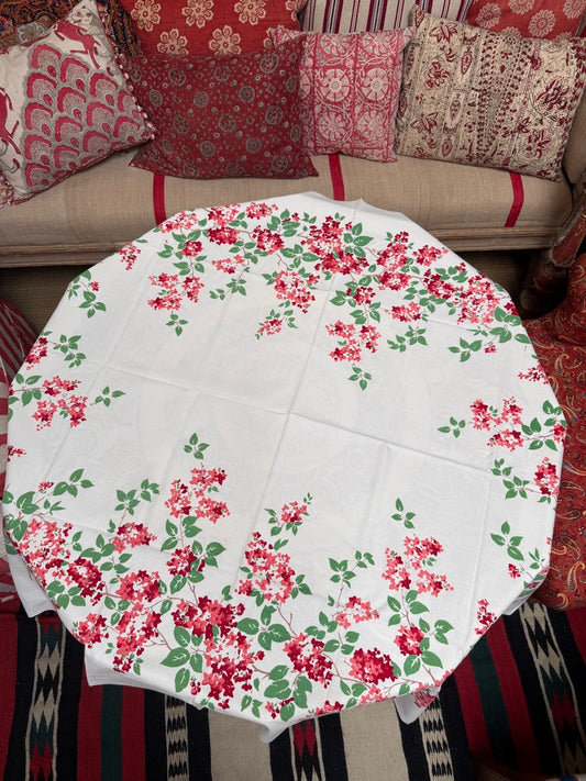 1940s Red & Pink Floral Tablecloth – Vintage Hydrangea Print on White